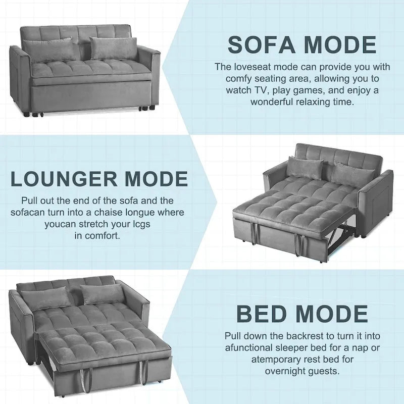 Canapé-lit futon en velours – Gris foncé / Gris clair / Bleu / Noir – 2 places