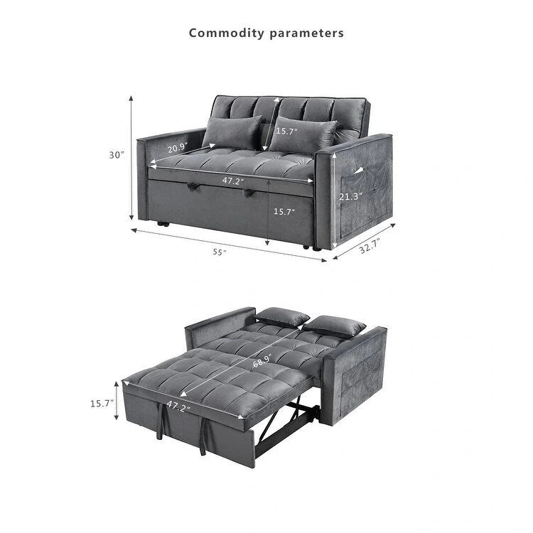 Canapé-lit futon en velours – Gris foncé / Gris clair / Bleu / Noir – 2 places