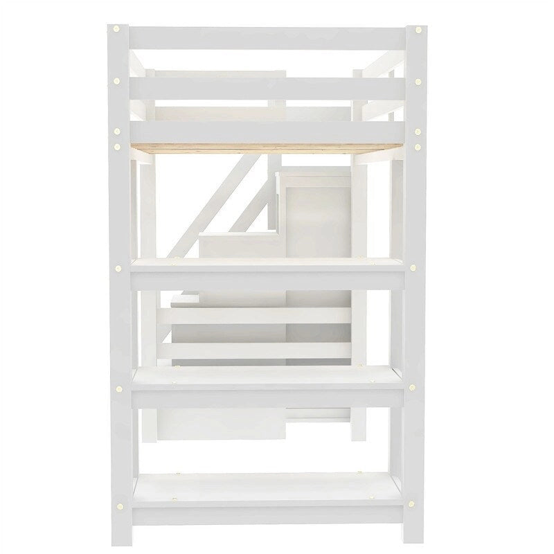 Lit mezzanine blanc pleine grandeur avec armoire, escalier de rangement et lumière LED, 1 personne