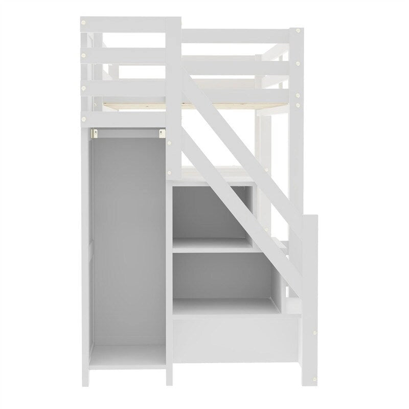 Lit mezzanine blanc pleine grandeur avec armoire, escalier de rangement et lumière LED, 1 personne