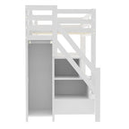 Lit mezzanine blanc pleine grandeur avec armoire, escalier de rangement et lumière LED, 1 personne