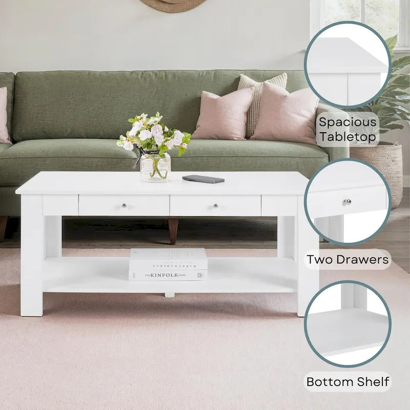 Table basse 2 tiroirs avec étagère Blanc / Noir / Espresso — 1 place