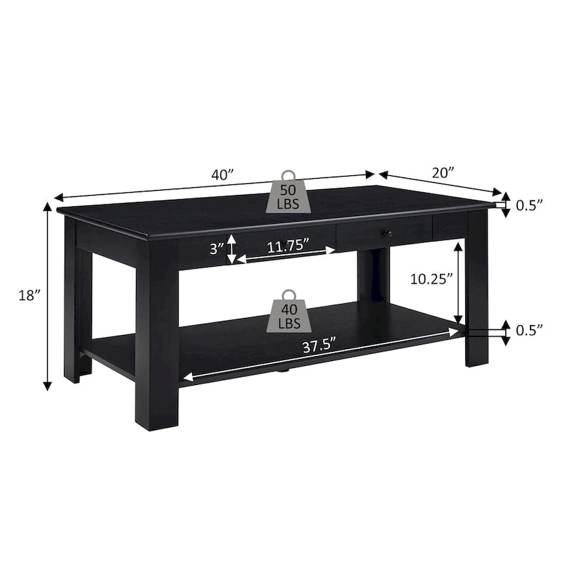 Table basse 2 tiroirs avec étagère Blanc / Noir / Espresso — 1 place