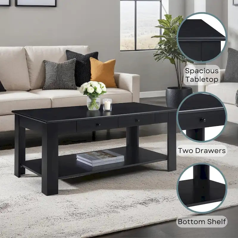 Table basse 2 tiroirs avec étagère Blanc / Noir / Espresso — 1 place