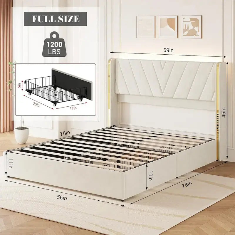 Cadre de lit plateforme capitonné en velours gris avec 4 tiroirs de rangement et LED - Grand lit/Très grand lit