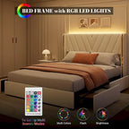 Cadre de lit plateforme capitonné en velours gris avec 4 tiroirs de rangement et LED - Grand lit/Très grand lit