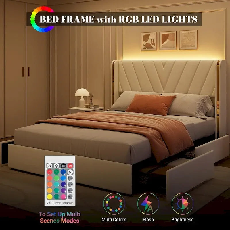 Cadre de lit plateforme capitonné en velours gris avec 4 tiroirs de rangement et LED - Grand lit/Très grand lit