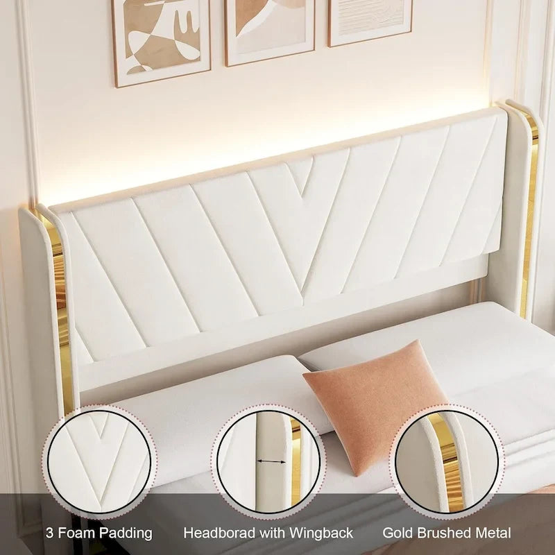 Cadre de lit plateforme capitonné en velours gris avec 4 tiroirs de rangement et LED - Grand lit/Très grand lit