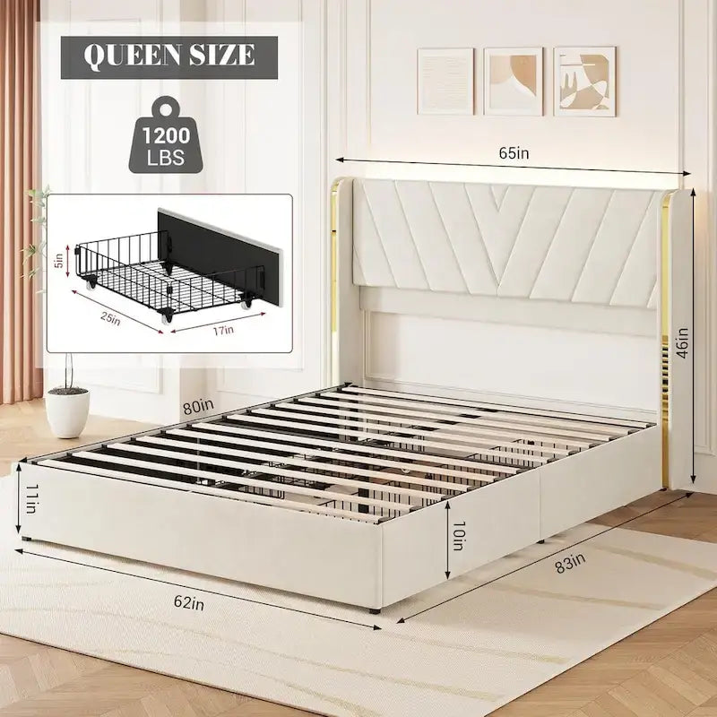 Cadre de lit plateforme capitonné en velours gris avec 4 tiroirs de rangement et LED - Grand lit/Très grand lit