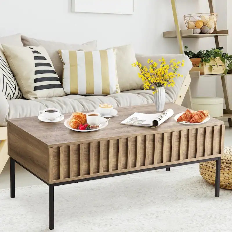 Table basse relevable marron avec rangement intégré, 56 x 109 cm