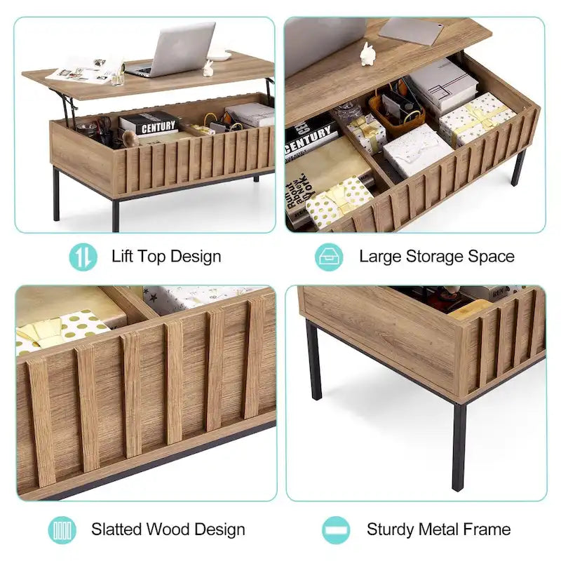 Table basse relevable marron avec rangement intégré, 56 x 109 cm