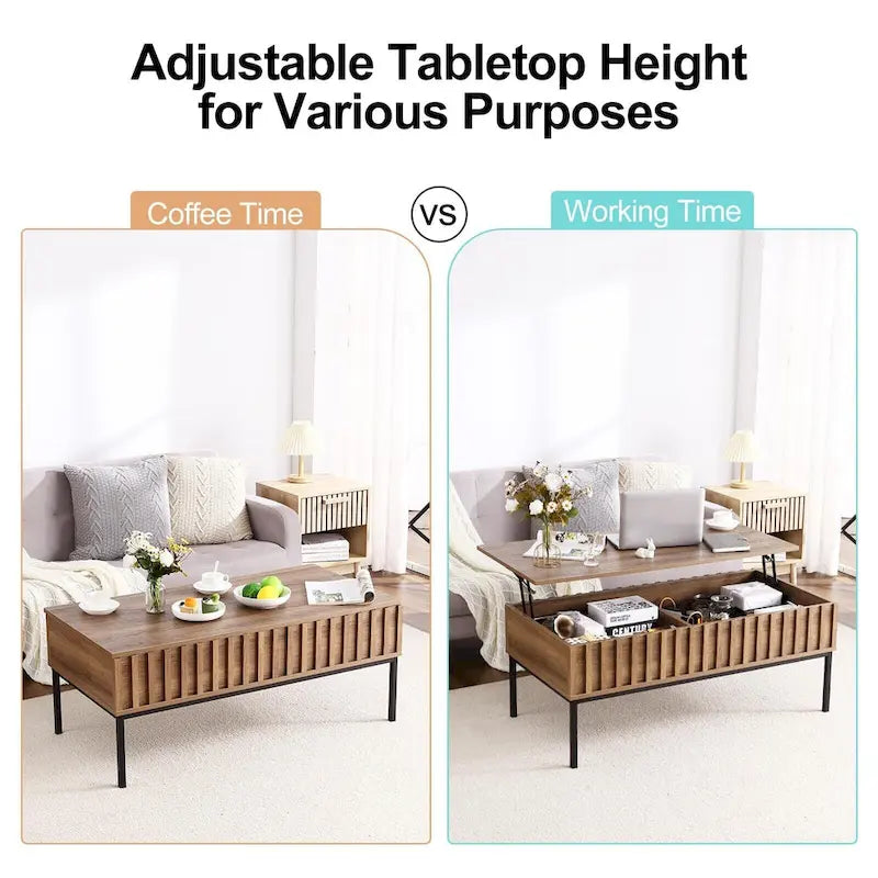Table basse relevable marron avec rangement intégré, 56 x 109 cm
