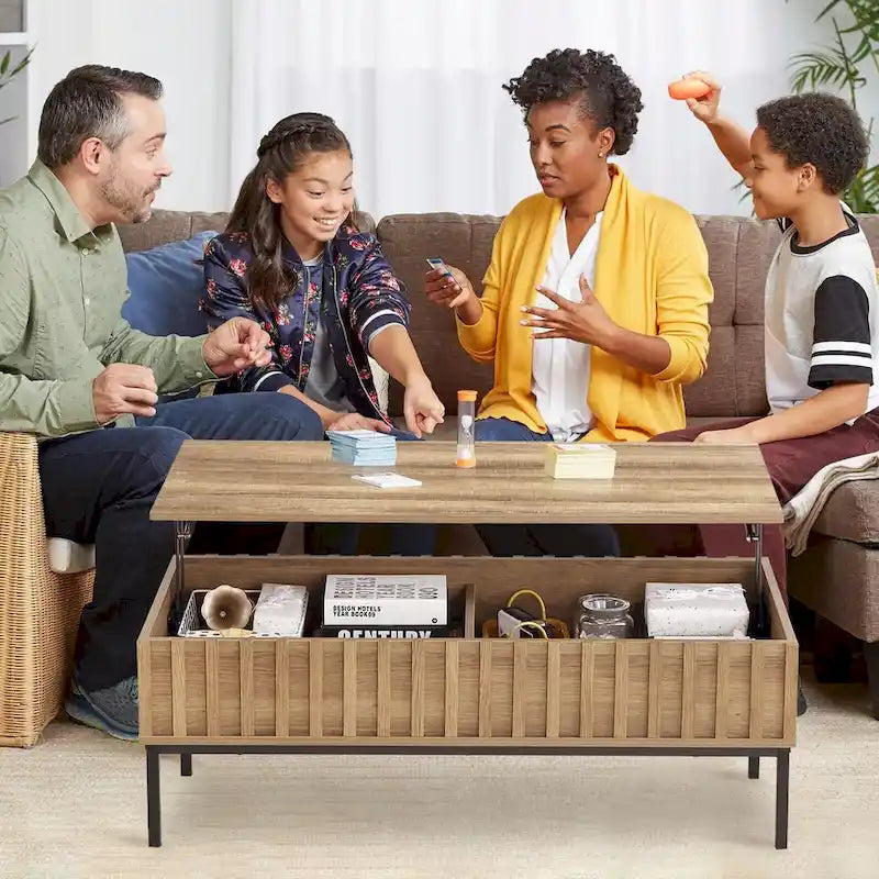 Table basse relevable marron avec rangement intégré, 56 x 109 cm