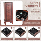 Armoire à bijoux sur pied marron avec miroir, 9 tiroirs, 2 portes – 10,5"x16"x40"