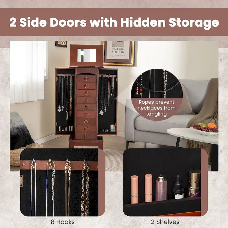 Armoire à bijoux sur pied marron avec miroir, 9 tiroirs, 2 portes – 10,5"x16"x40"