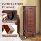 Armoire à bijoux sur pied marron avec miroir, 9 tiroirs, 2 portes – 10,5"x16"x40"