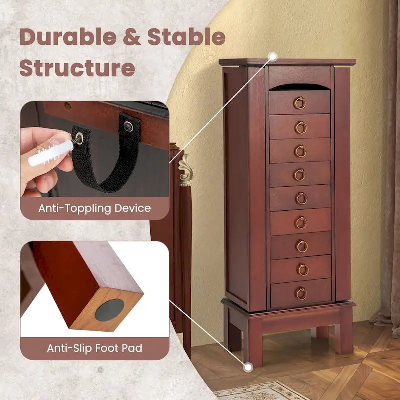 Armoire à bijoux sur pied marron avec miroir, 9 tiroirs, 2 portes – 10,5"x16"x40"