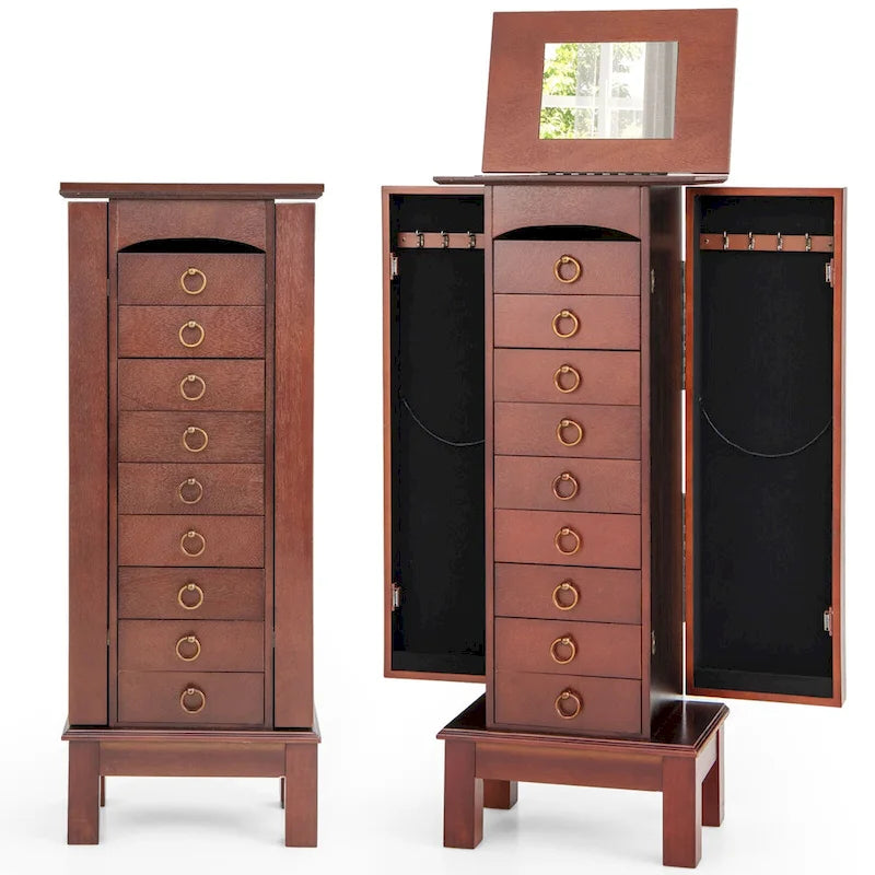 Armoire à bijoux sur pied marron avec miroir, 9 tiroirs, 2 portes – 10,5"x16"x40"