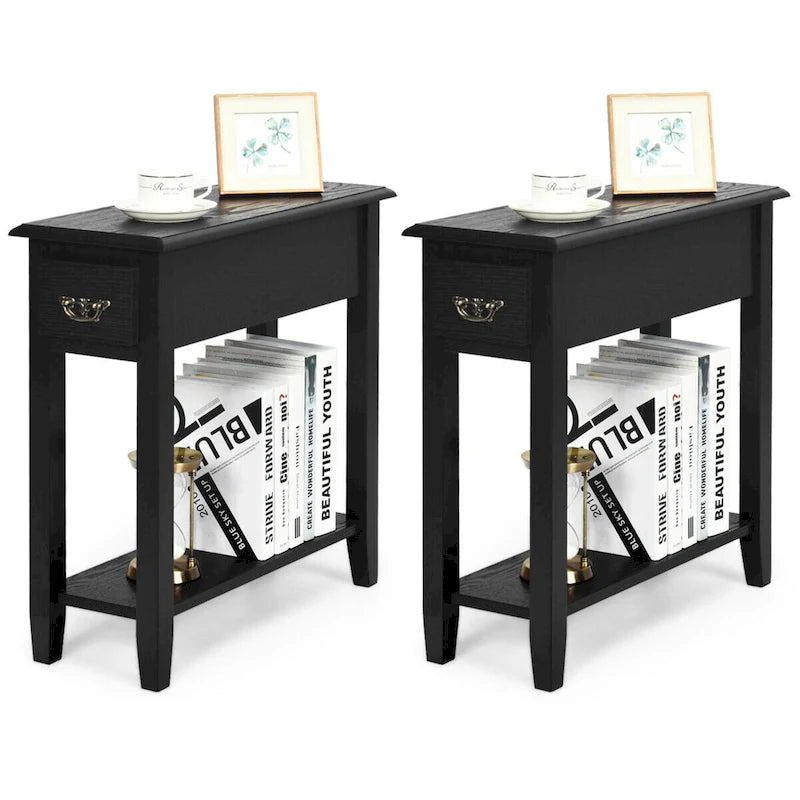 Tables d'appoint noires à 2 niveaux avec tiroir, lot de 2