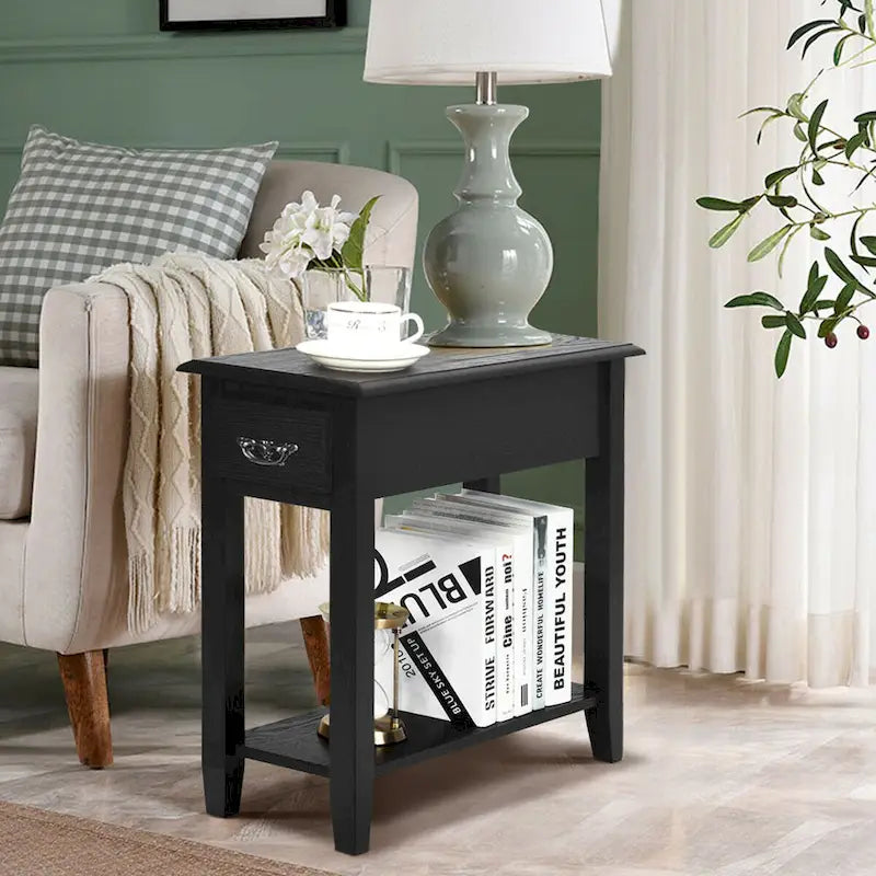 Tables d'appoint noires à 2 niveaux avec tiroir, lot de 2