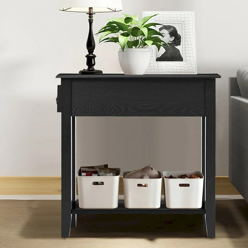 Tables d'appoint noires à 2 niveaux avec tiroir, lot de 2