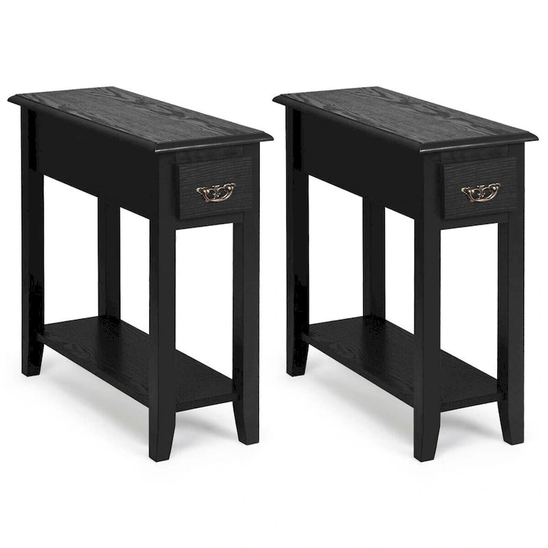 Tables d'appoint noires à 2 niveaux avec tiroir, lot de 2