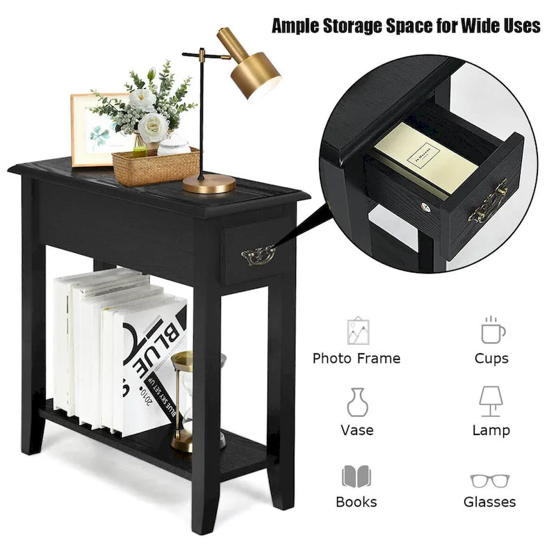 Tables d'appoint noires à 2 niveaux avec tiroir, lot de 2