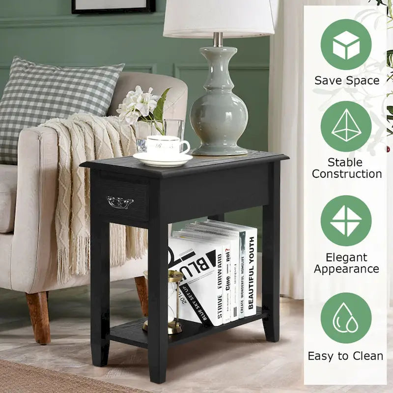 Tables d'appoint noires à 2 niveaux avec tiroir, lot de 2