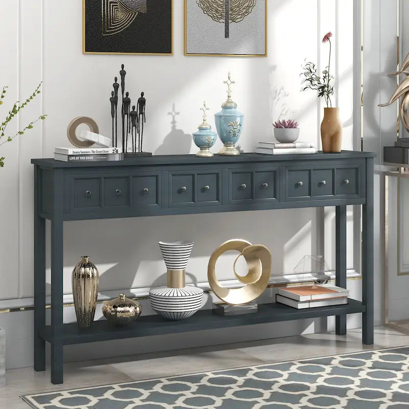 Console de ferme bleu marine, 4 tiroirs, étagère inférieure, assemblage par 2 personnes, 60x11 po