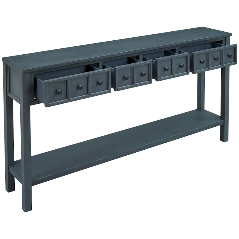 Console de ferme bleu marine, 4 tiroirs, étagère inférieure, assemblage par 2 personnes, 60x11 po