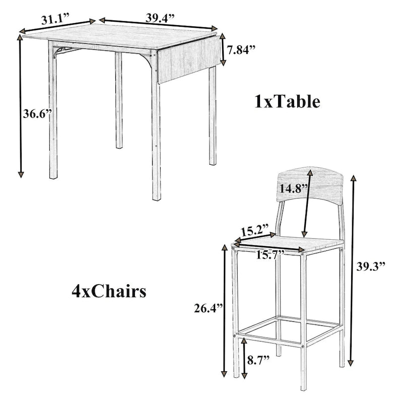Ensemble de salle à manger avec table à rabats et chaises hautes, marron/marron rustique, 4 places