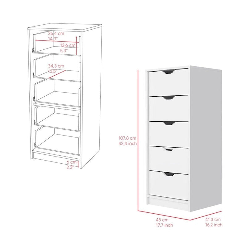 Commode verticale à 5 tiroirs, Noir / Blanc, Standard, pour 1