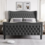 Lit plateforme King Size moderne en velours avec tête de lit capitonnée pour chambre à coucher
