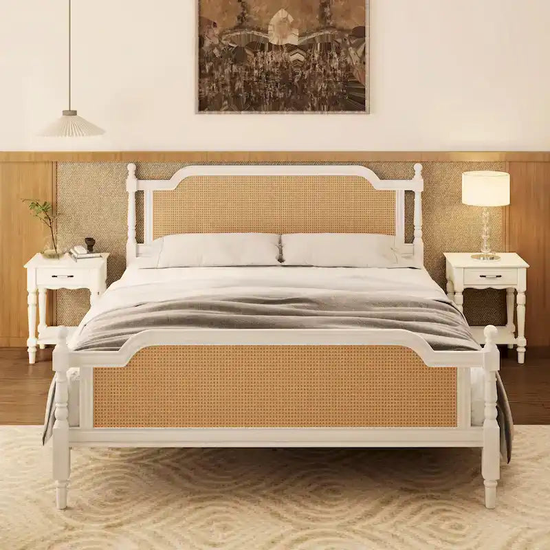 Lit plateforme en rotin noyer/blanc antique avec tête et pied de lit, grand lit et très grand lit, pour 2 personnes