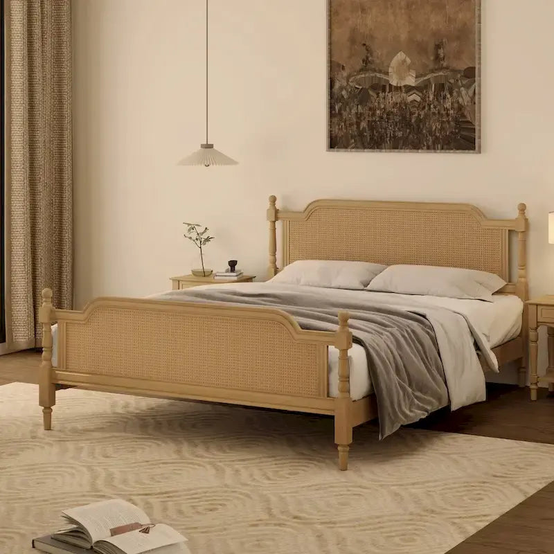 Lit plateforme en rotin noyer/blanc antique avec tête et pied de lit, grand lit et très grand lit, pour 2 personnes