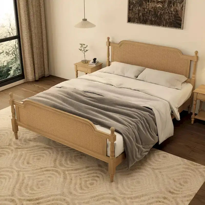 Lit plateforme en rotin noyer/blanc antique avec tête et pied de lit, grand lit et très grand lit, pour 2 personnes