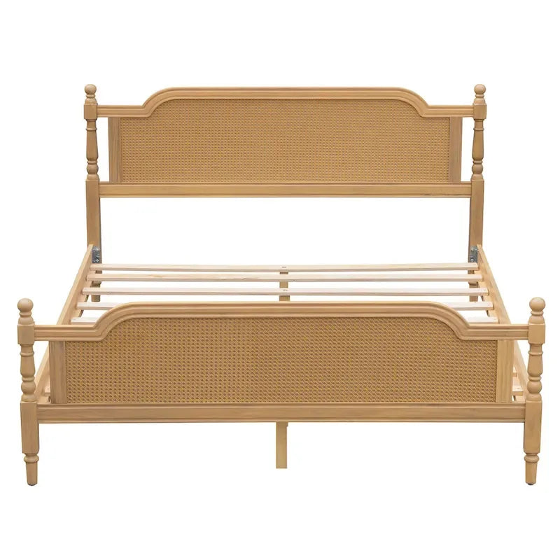 Lit plateforme en rotin noyer/blanc antique avec tête et pied de lit, grand lit et très grand lit, pour 2 personnes