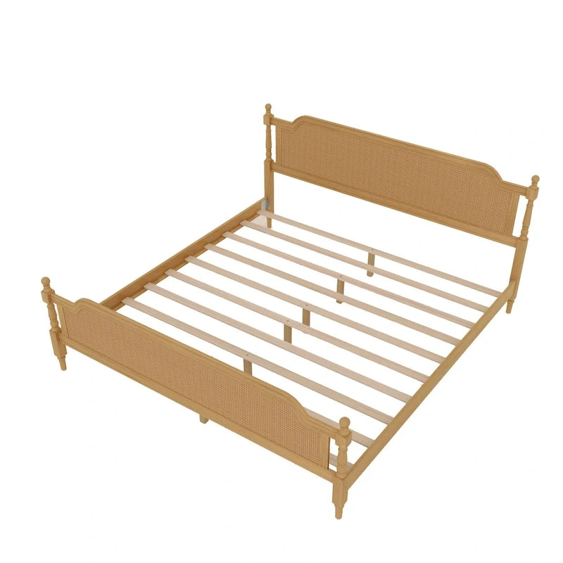 Lit plateforme en rotin noyer/blanc antique avec tête et pied de lit, grand lit et très grand lit, pour 2 personnes