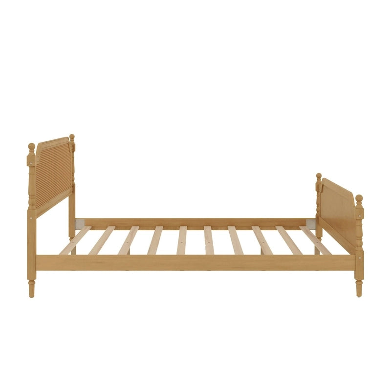Lit plateforme en rotin noyer/blanc antique avec tête et pied de lit, grand lit et très grand lit, pour 2 personnes