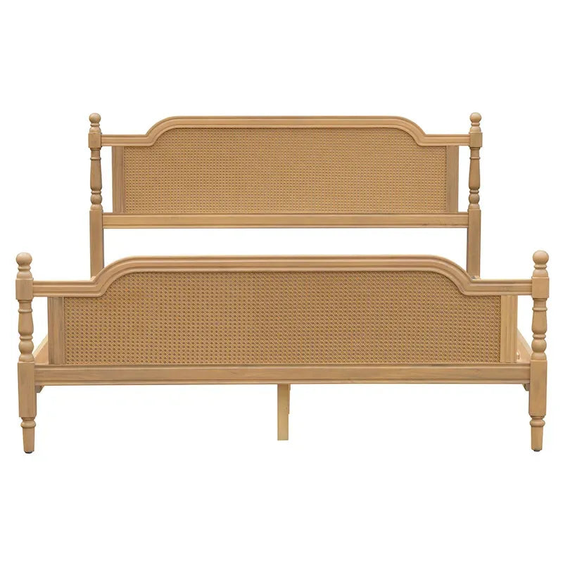 Lit plateforme en rotin noyer/blanc antique avec tête et pied de lit, grand lit et très grand lit, pour 2 personnes