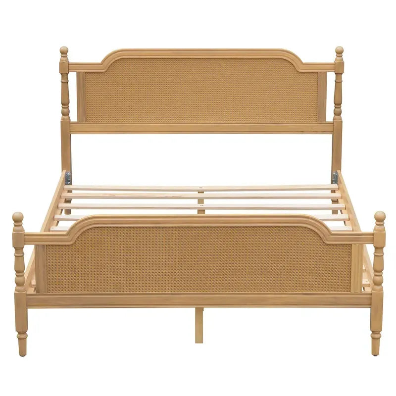Lit plateforme en rotin noyer/blanc antique avec tête et pied de lit, grand lit et très grand lit, pour 2 personnes