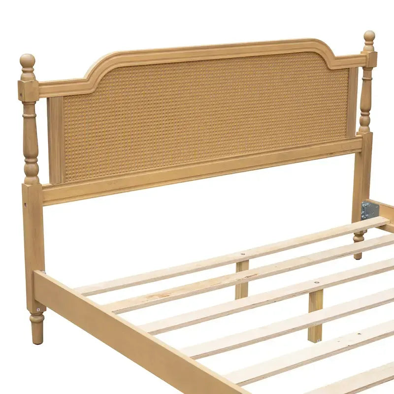 Lit plateforme en rotin noyer/blanc antique avec tête et pied de lit, grand lit et très grand lit, pour 2 personnes