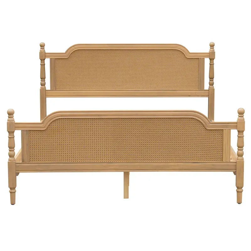 Lit plateforme en rotin noyer/blanc antique avec tête et pied de lit, grand lit et très grand lit, pour 2 personnes