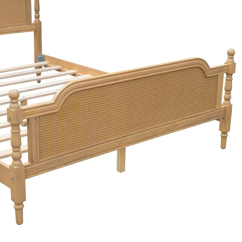 Lit plateforme en rotin noyer/blanc antique avec tête et pied de lit, grand lit et très grand lit, pour 2 personnes