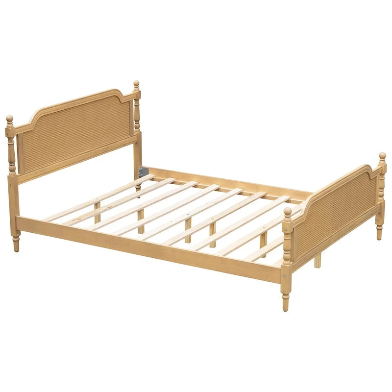 Lit plateforme en rotin noyer/blanc antique avec tête et pied de lit, grand lit et très grand lit, pour 2 personnes
