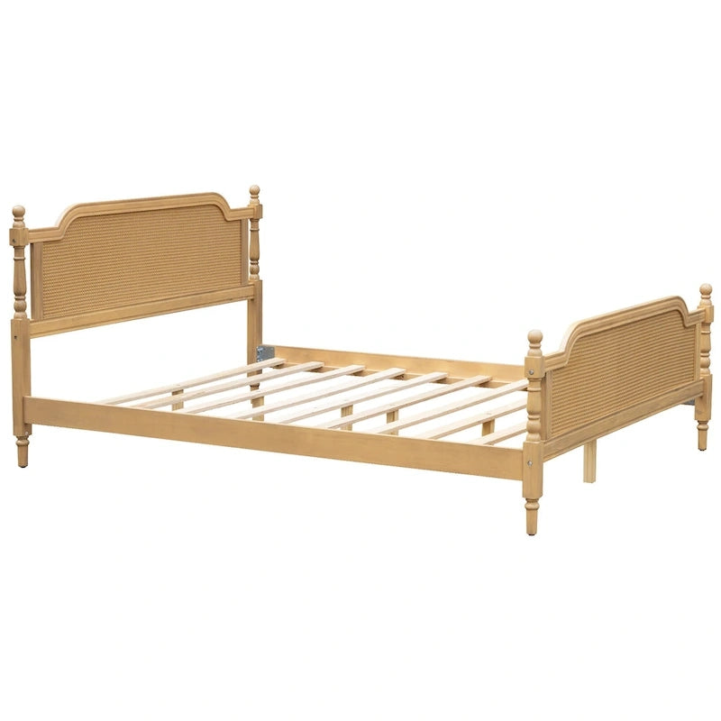 Lit plateforme en rotin noyer/blanc antique avec tête et pied de lit, grand lit et très grand lit, pour 2 personnes