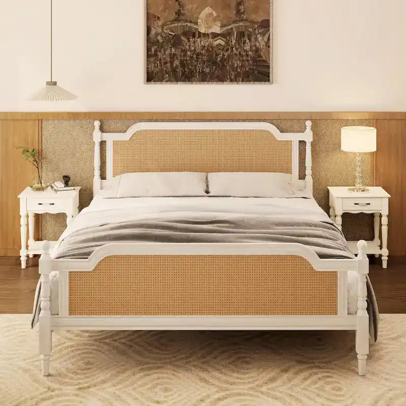 Lit plateforme en rotin noyer/blanc antique avec tête et pied de lit, grand lit et très grand lit, pour 2 personnes