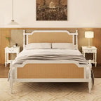 Lit plateforme en rotin noyer/blanc antique avec tête et pied de lit, grand lit et très grand lit, pour 2 personnes