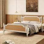Lit plateforme en rotin noyer/blanc antique avec tête et pied de lit, grand lit et très grand lit, pour 2 personnes