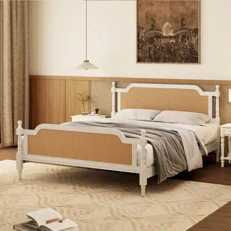 Lit plateforme en rotin noyer/blanc antique avec tête et pied de lit, grand lit et très grand lit, pour 2 personnes